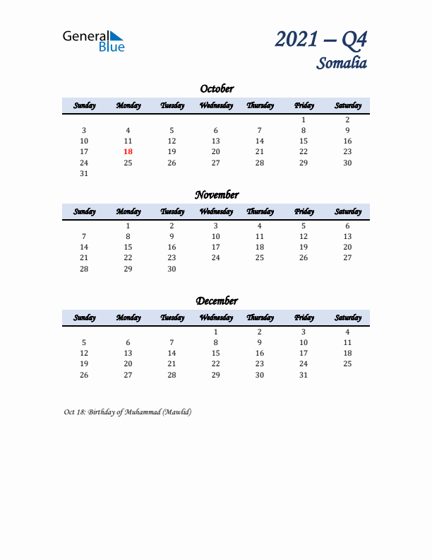 October, November, and December Calendar for Somalia with Sunday Start