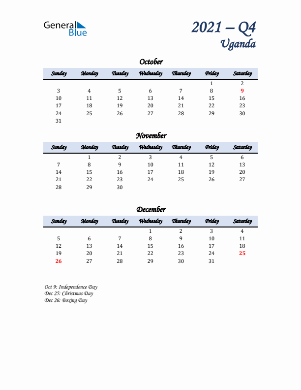 October, November, and December Calendar for Uganda with Sunday Start