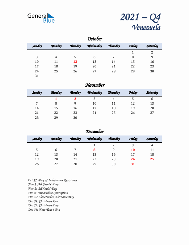 October, November, and December Calendar for Venezuela with Sunday Start