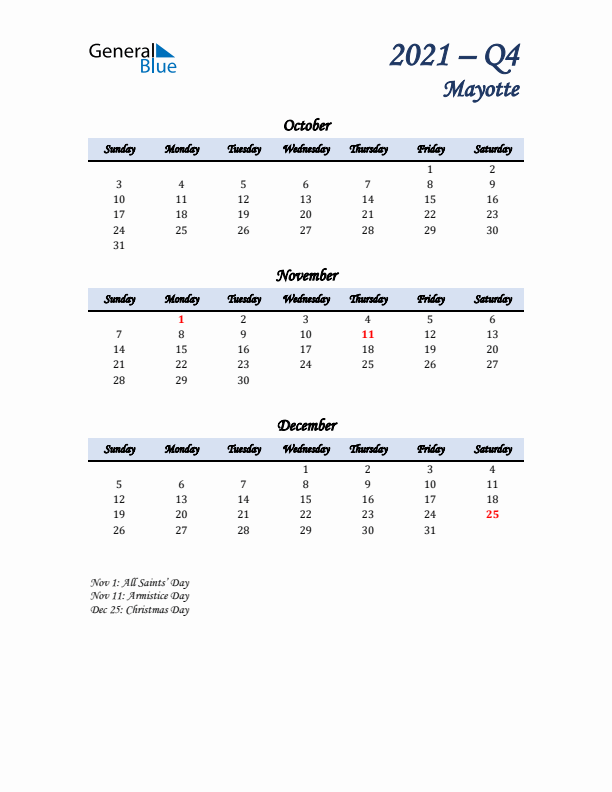 October, November, and December Calendar for Mayotte with Sunday Start