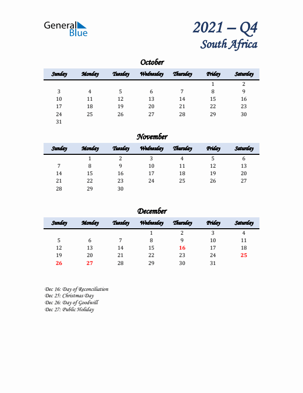 October, November, and December Calendar for South Africa with Sunday Start