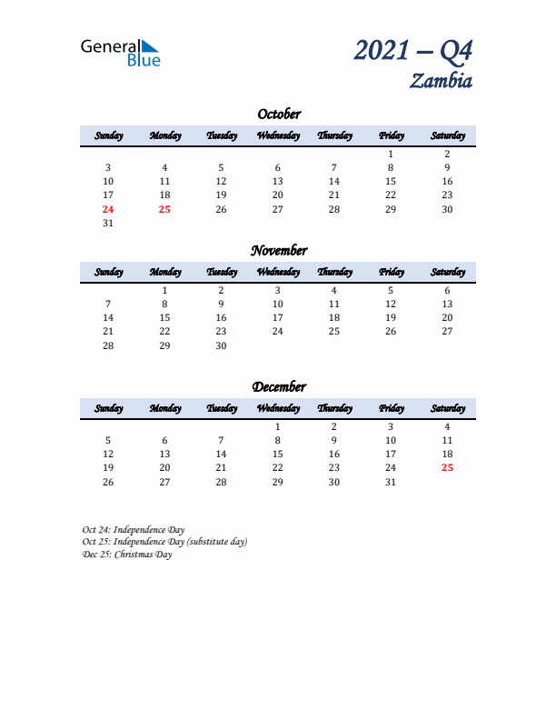 October, November, and December Calendar for Zambia with Sunday Start