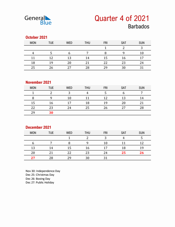 Printable Three Month Calendar with Barbados Holidays