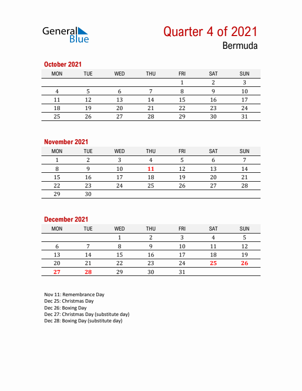 Printable Three Month Calendar with Bermuda Holidays