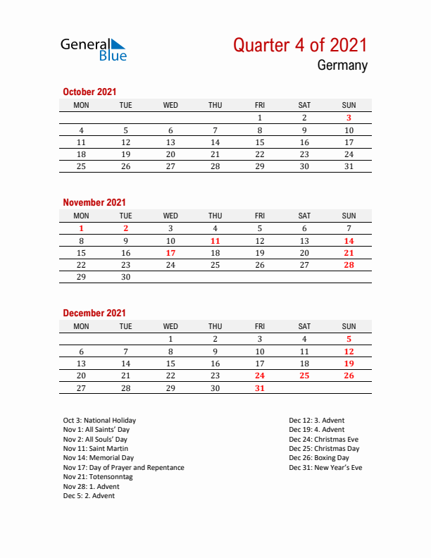 Printable Three Month Calendar with Germany Holidays