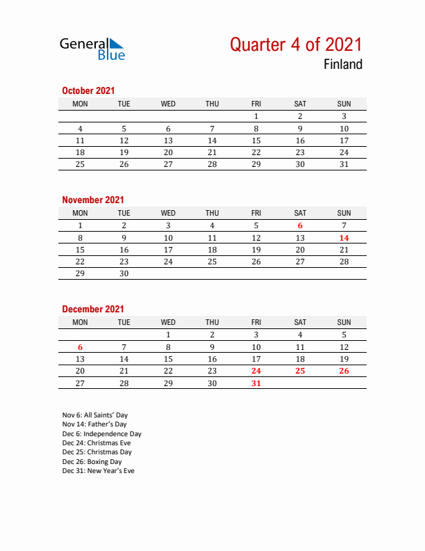 Printable Three Month Calendar with Finland Holidays