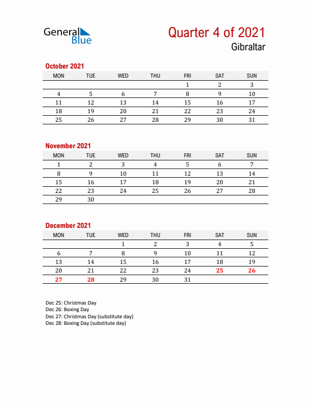 Printable Three Month Calendar with Gibraltar Holidays