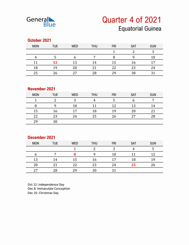 Printable Three Month Calendar with Equatorial Guinea Holidays