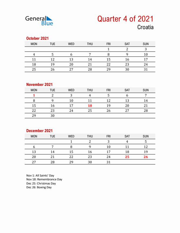 Printable Three Month Calendar with Croatia Holidays