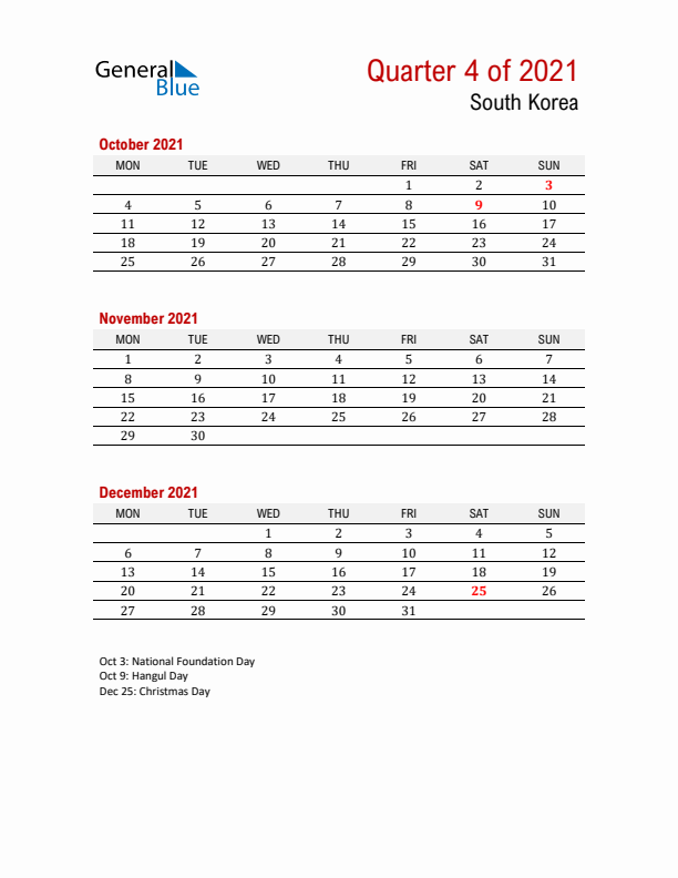 Printable Three Month Calendar with South Korea Holidays