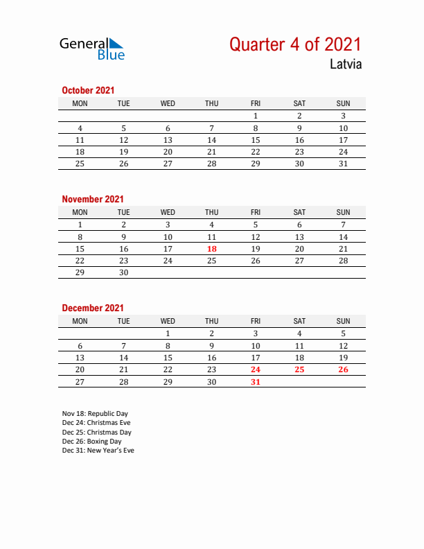 Printable Three Month Calendar with Latvia Holidays