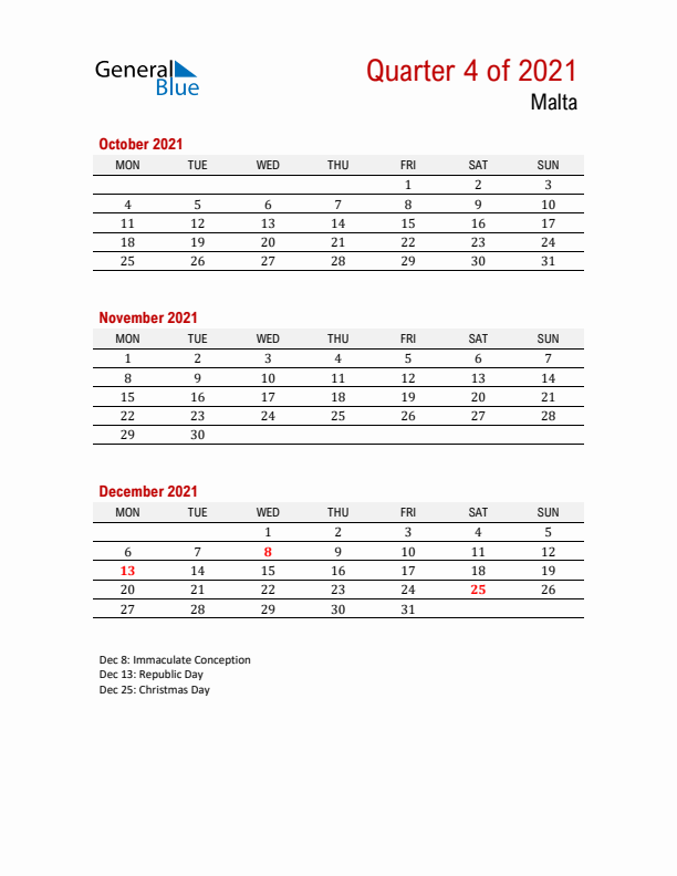 Printable Three Month Calendar with Malta Holidays