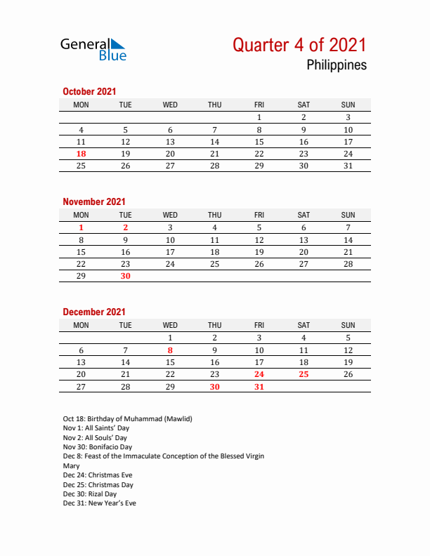 Printable Three Month Calendar with Philippines Holidays