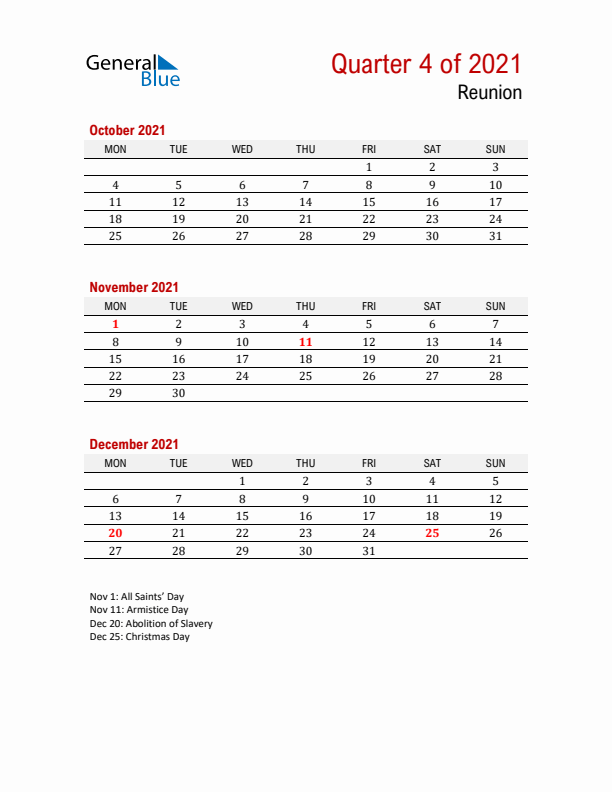 Printable Three Month Calendar with Reunion Holidays