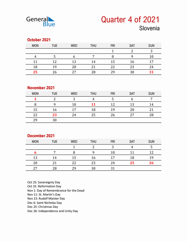 Printable Three Month Calendar with Slovenia Holidays