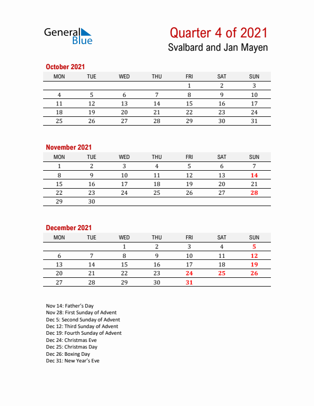 Printable Three Month Calendar with Svalbard and Jan Mayen Holidays