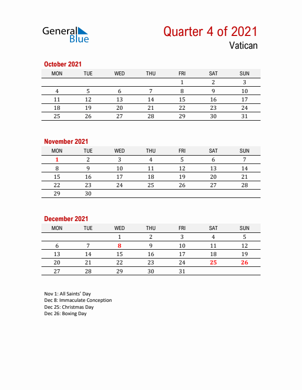 Printable Three Month Calendar with Vatican Holidays