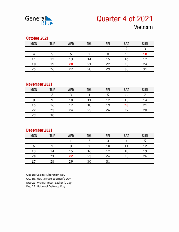 Printable Three Month Calendar with Vietnam Holidays