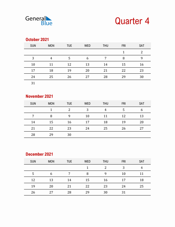 Three-Month Printable Calendar 2021