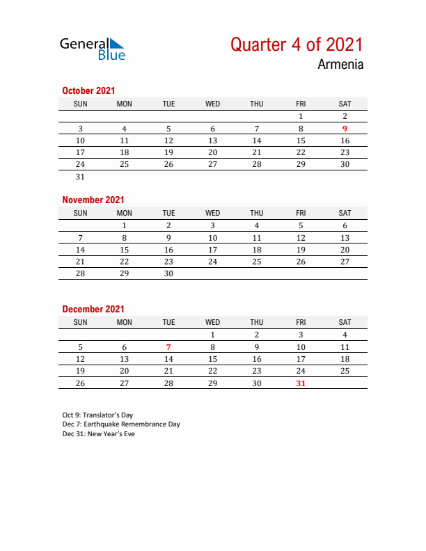 Printable Three Month Calendar with Armenia Holidays