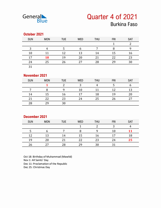 Printable Three Month Calendar with Burkina Faso Holidays