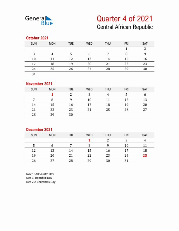 Printable Three Month Calendar with Central African Republic Holidays