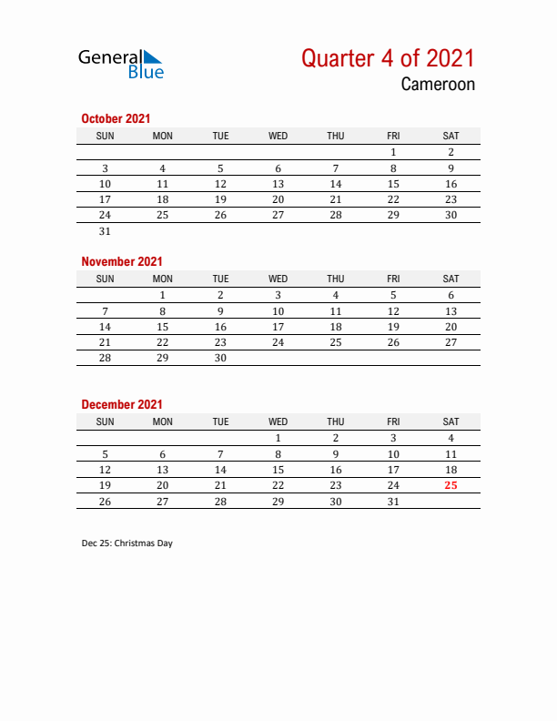 Printable Three Month Calendar with Cameroon Holidays