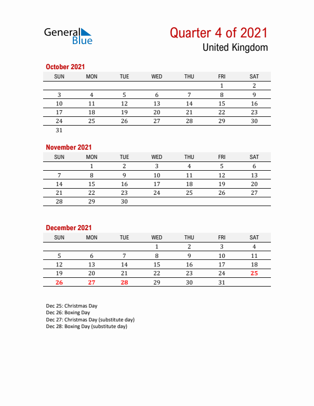 Printable Three Month Calendar with United Kingdom Holidays