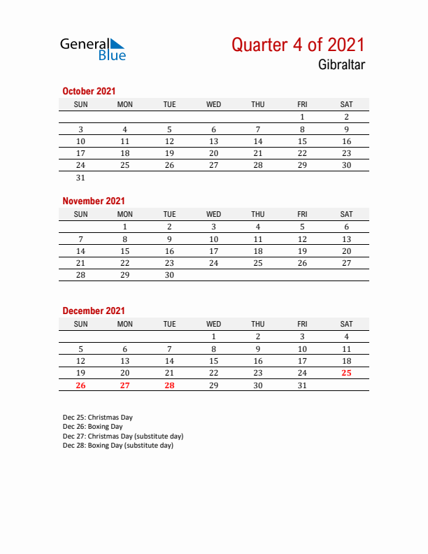 Printable Three Month Calendar with Gibraltar Holidays