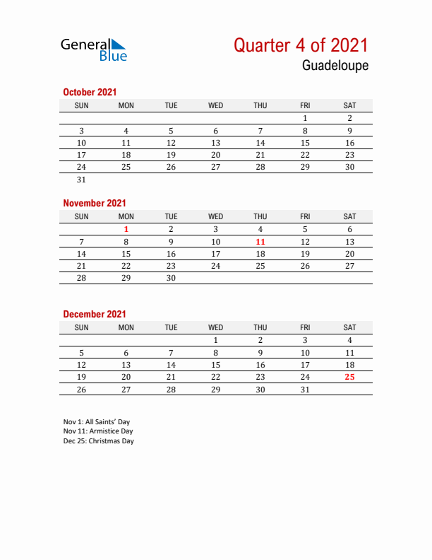 Printable Three Month Calendar with Guadeloupe Holidays