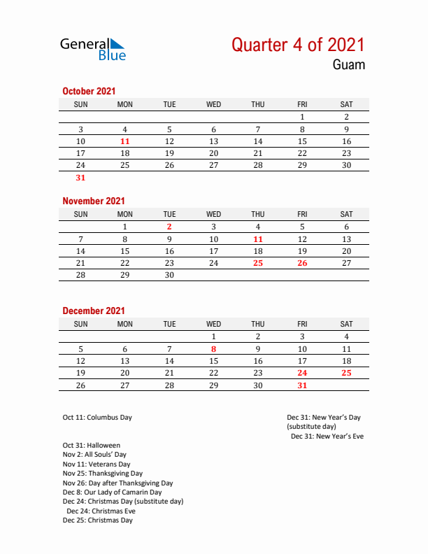 Printable Three Month Calendar with Guam Holidays