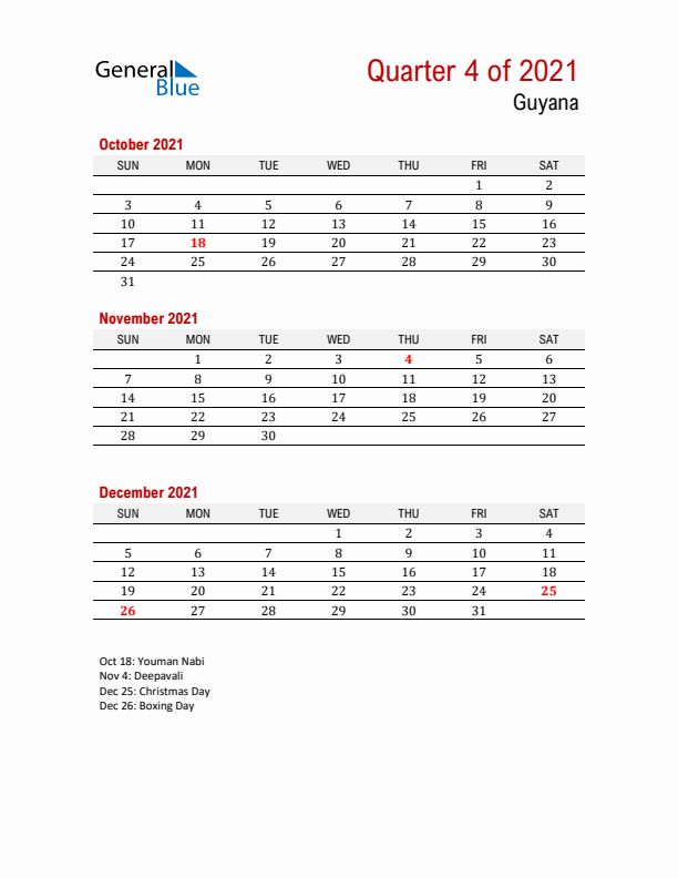 Printable Three Month Calendar with Guyana Holidays