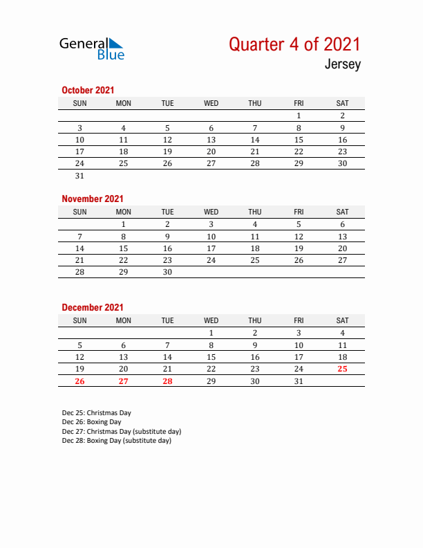 Printable Three Month Calendar with Jersey Holidays