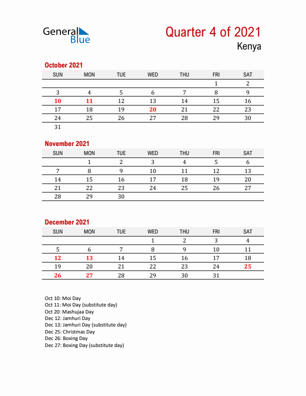 Printable Three Month Calendar with Kenya Holidays