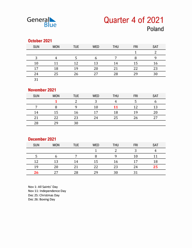 Printable Three Month Calendar with Poland Holidays