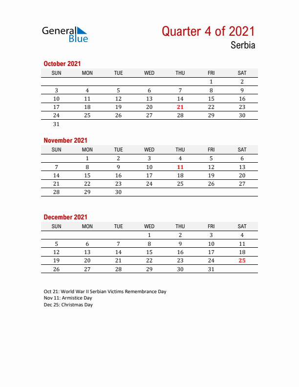 Printable Three Month Calendar with Serbia Holidays