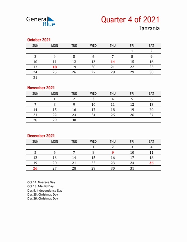 Printable Three Month Calendar with Tanzania Holidays