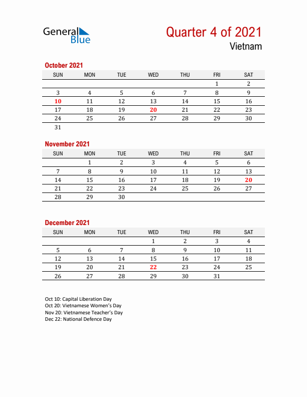 Printable Three Month Calendar with Vietnam Holidays