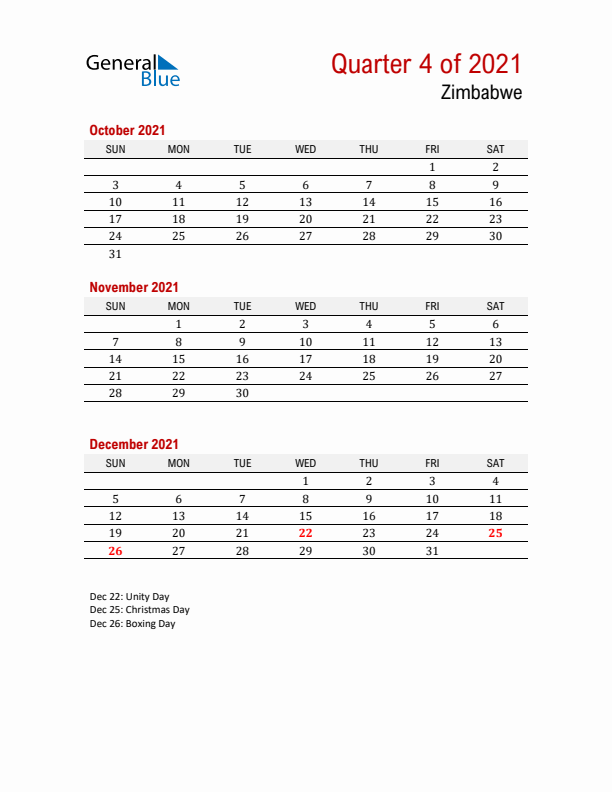 Printable Three Month Calendar with Zimbabwe Holidays