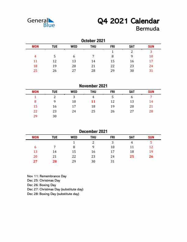 2021 Q4 Calendar with Holidays List for Bermuda