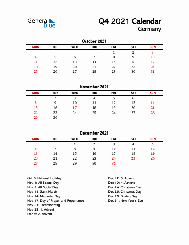 2021 Q4 Calendar with Holidays List for Germany