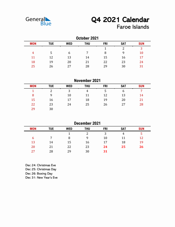 2021 Q4 Calendar with Holidays List for Faroe Islands