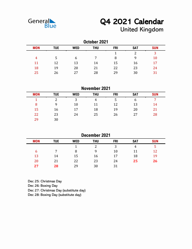 2021 Q4 Calendar with Holidays List for United Kingdom