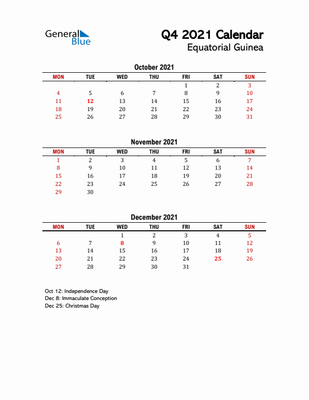 2021 Q4 Calendar with Holidays List for Equatorial Guinea