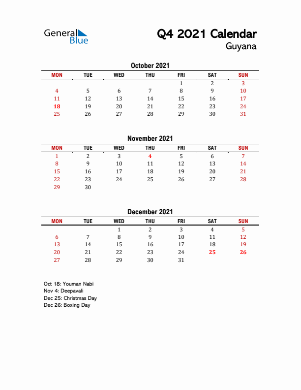 2021 Q4 Calendar with Holidays List for Guyana