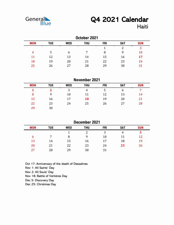 2021 Q4 Calendar with Holidays List for Haiti