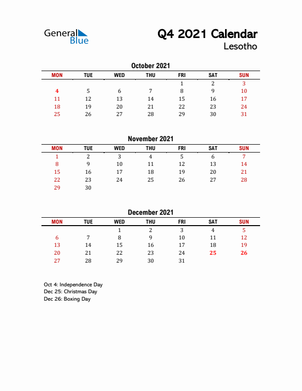 2021 Q4 Calendar with Holidays List for Lesotho