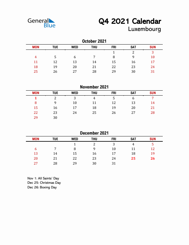 2021 Q4 Calendar with Holidays List for Luxembourg