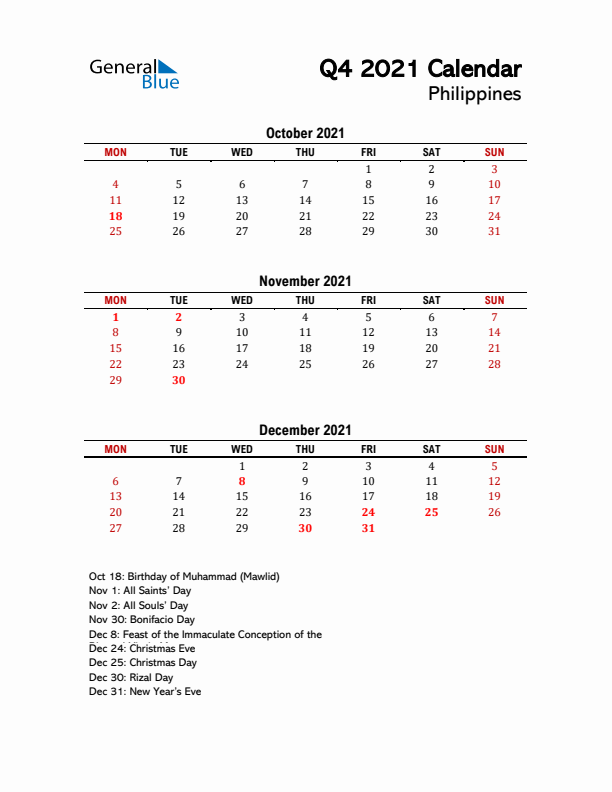 2021 Q4 Calendar with Holidays List for Philippines