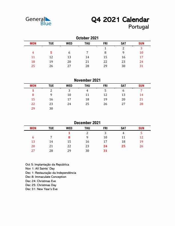 2021 Q4 Calendar with Holidays List for Portugal